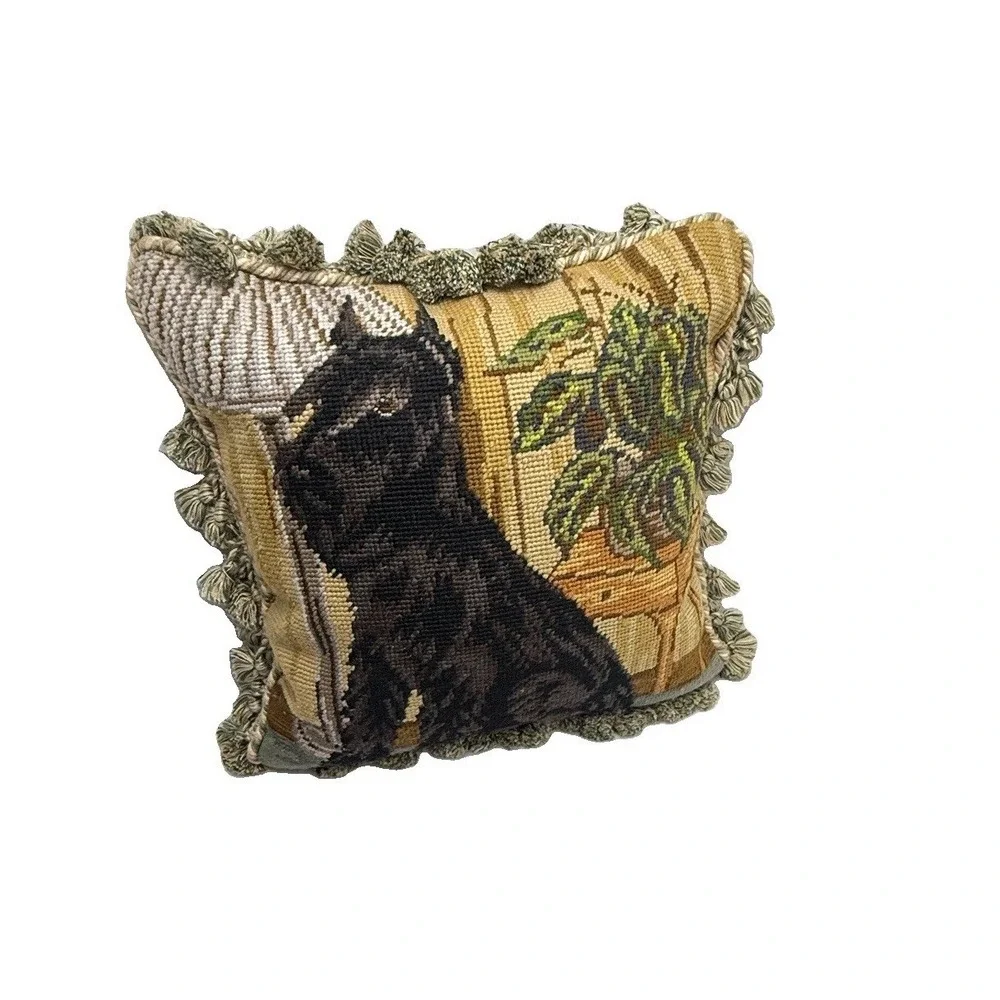 Vintage Scottie Dog Wool Needlepoint Pillow Velvet Tassel English Country 13x13